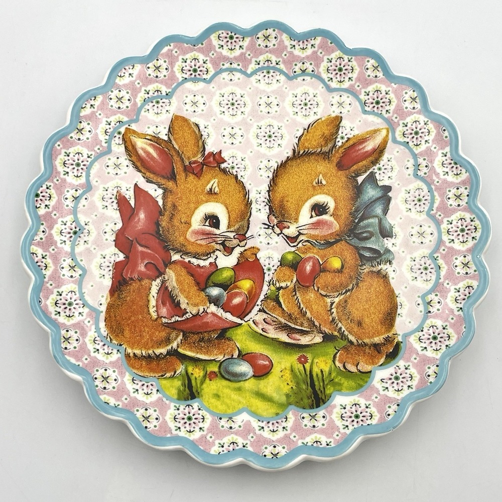 Mr Christmas Easter Bunny Ceramic Luncheon‎ Plate Scalloped Pink Blue 8" Spring